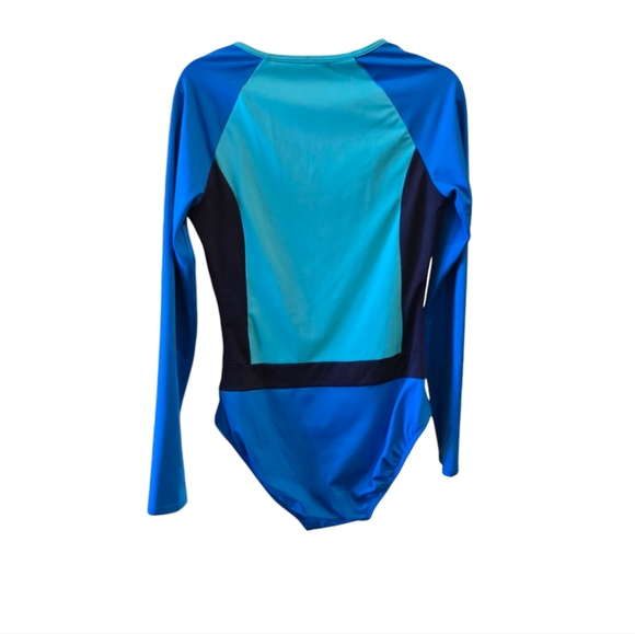 SPANX Long Sleeve 1/2 Zip One Piece Swimsuit Rashgaurd Blue 6 - Picture 2 of 4